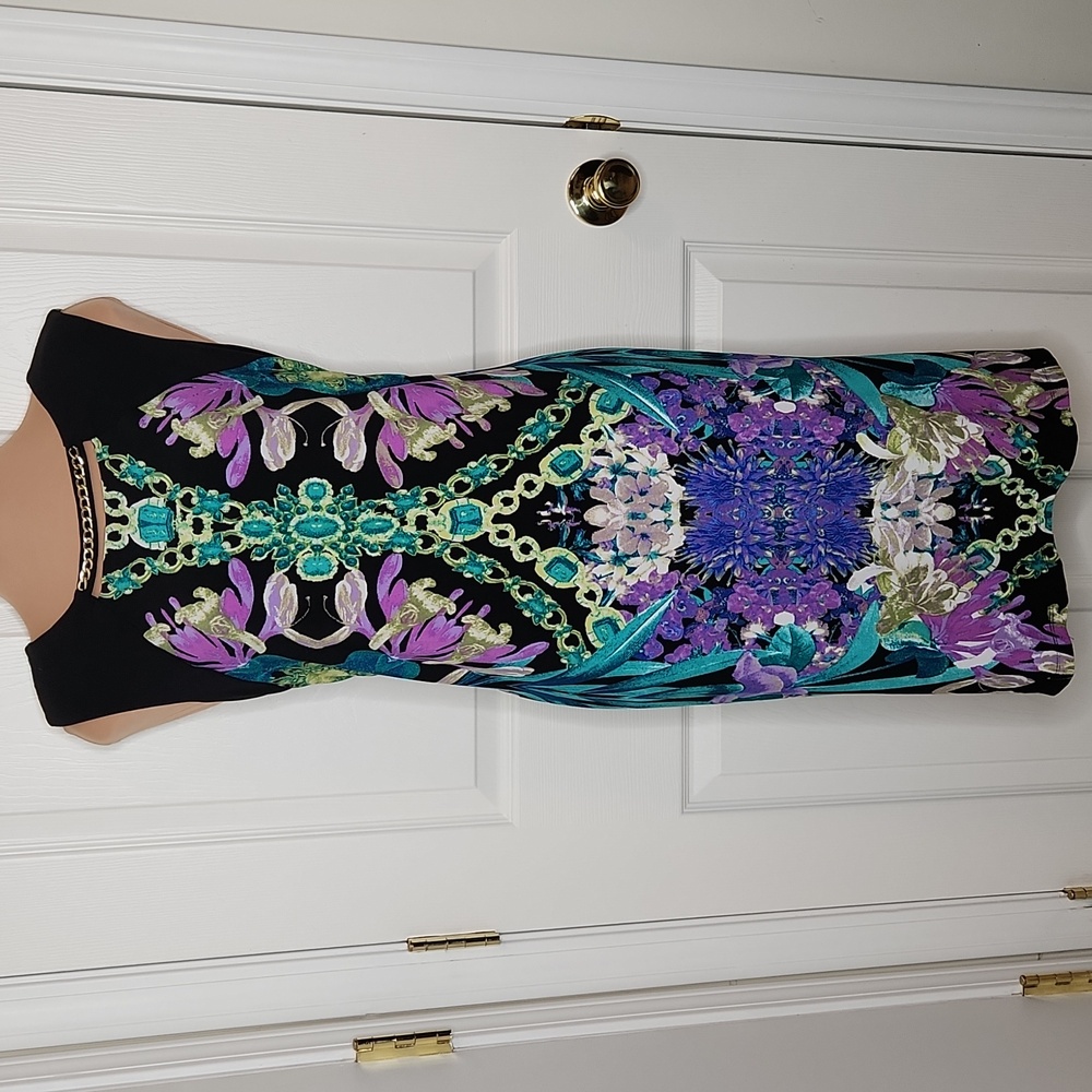 Dress Barn sleeveless dress size 14 tropical floral pattern green blue